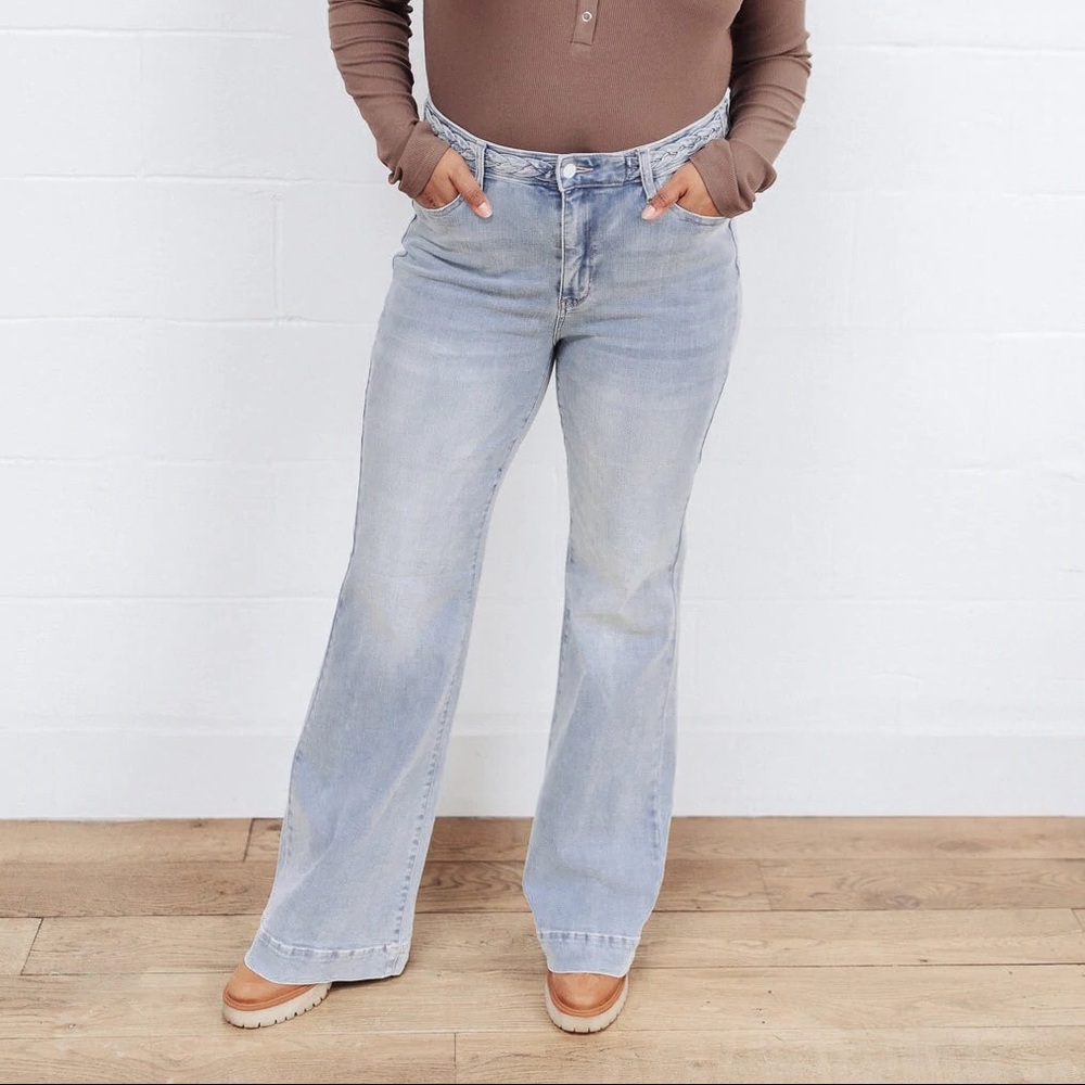 JUDY BLUE HI-RISE BRAIDED WAISTBAND JEANS, WORN ONCE